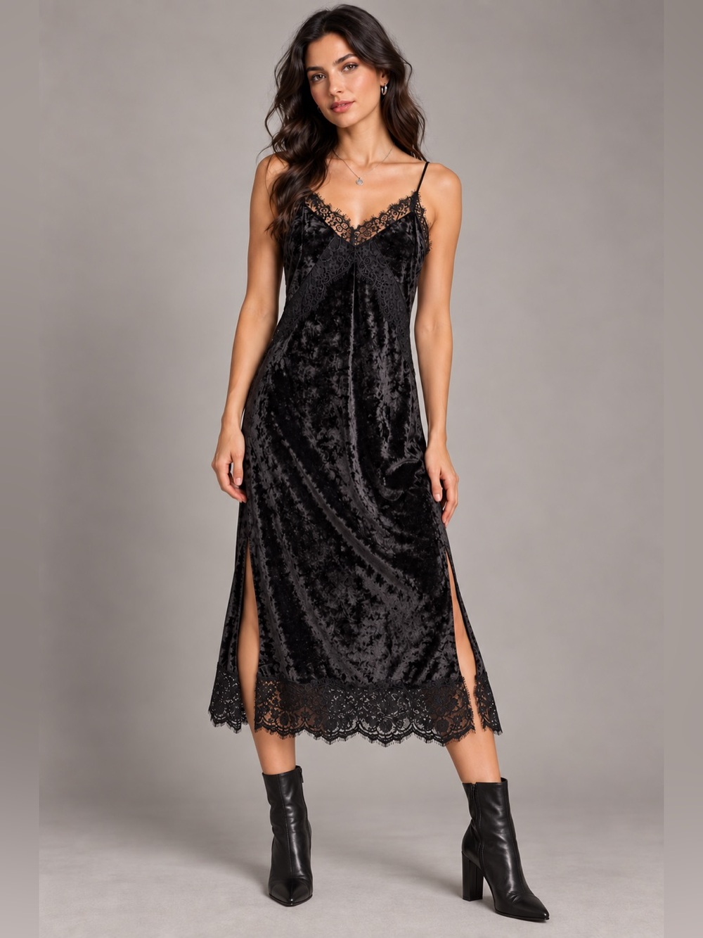 Black Crushed Velvet Lace Midi Slip Dress Gothic Whimsigoth Estimated Small
